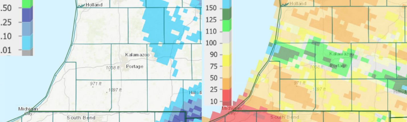 Precipitation totals from the past seven days (left) and percent of normal for the past 14 days (right) as of June 23.